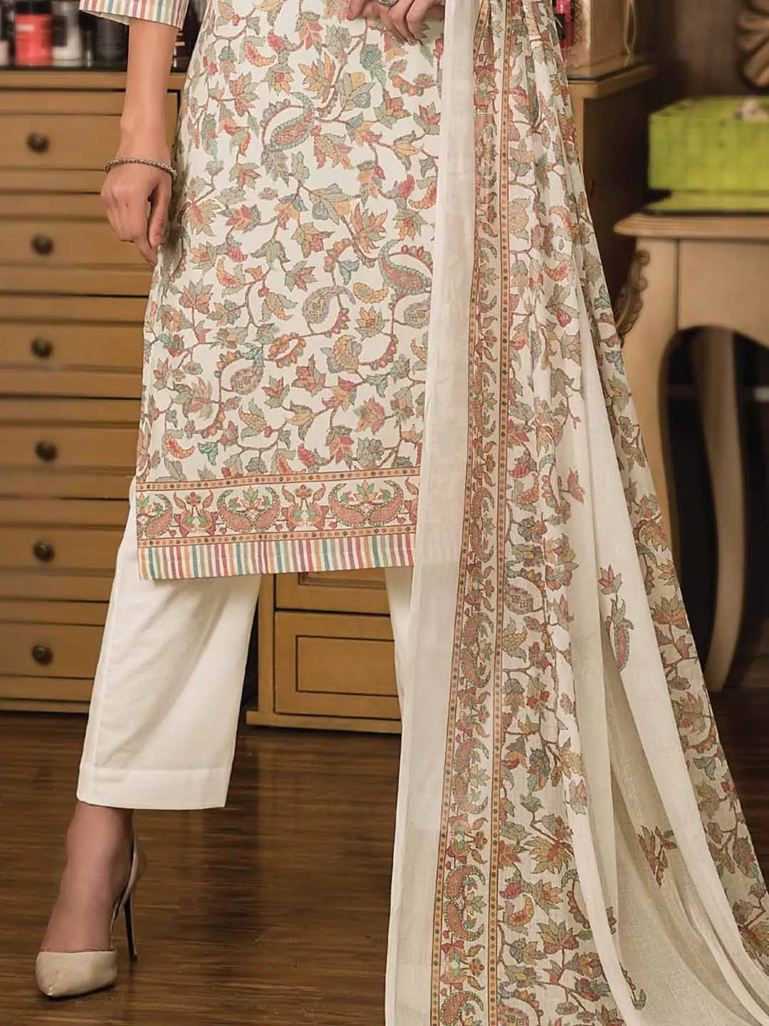 Unstitched Cream Winter Pashmina Woolen Printed Suits Materials