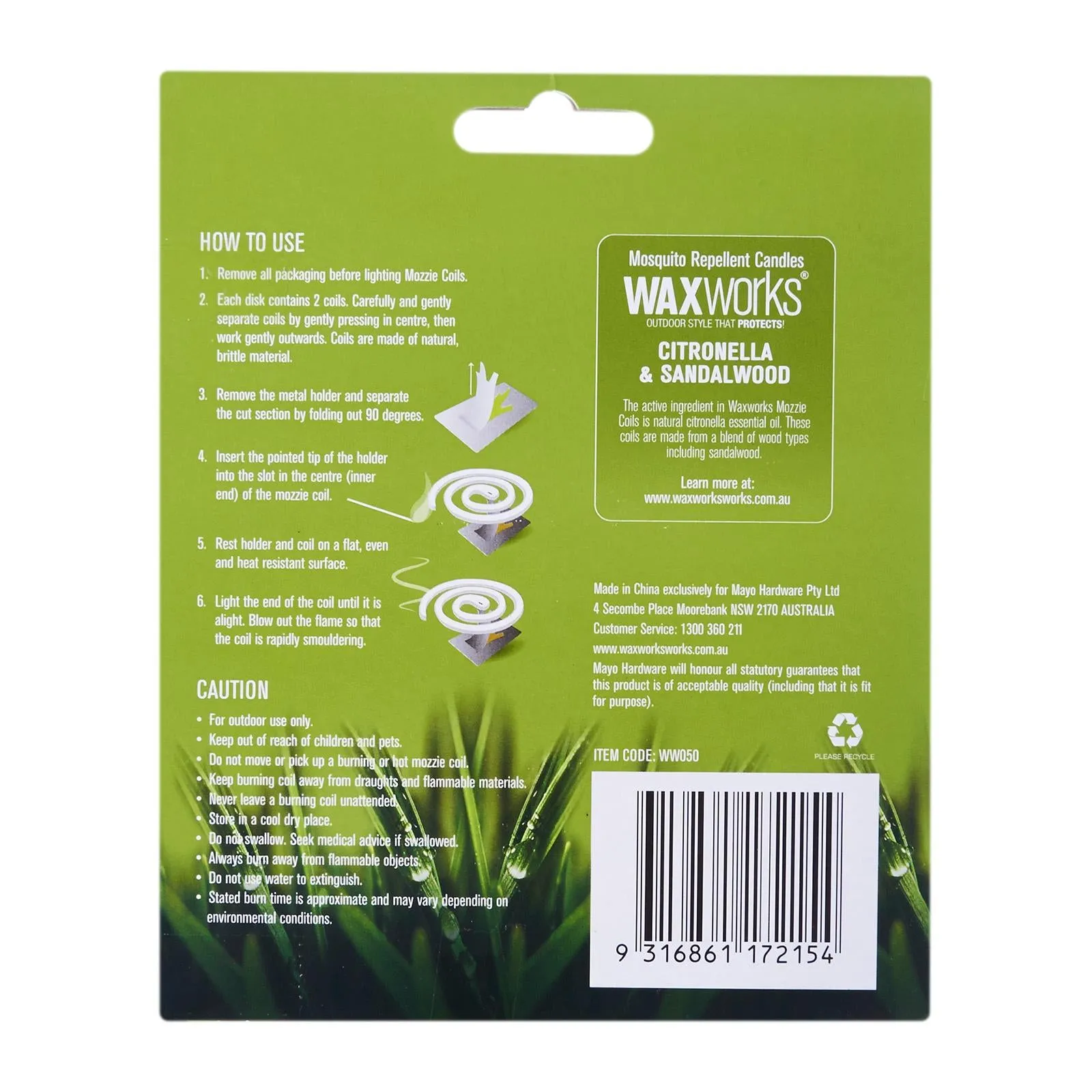 Waxworks Citronella And Sandalwood Mozzie Coils - Insect Repellent